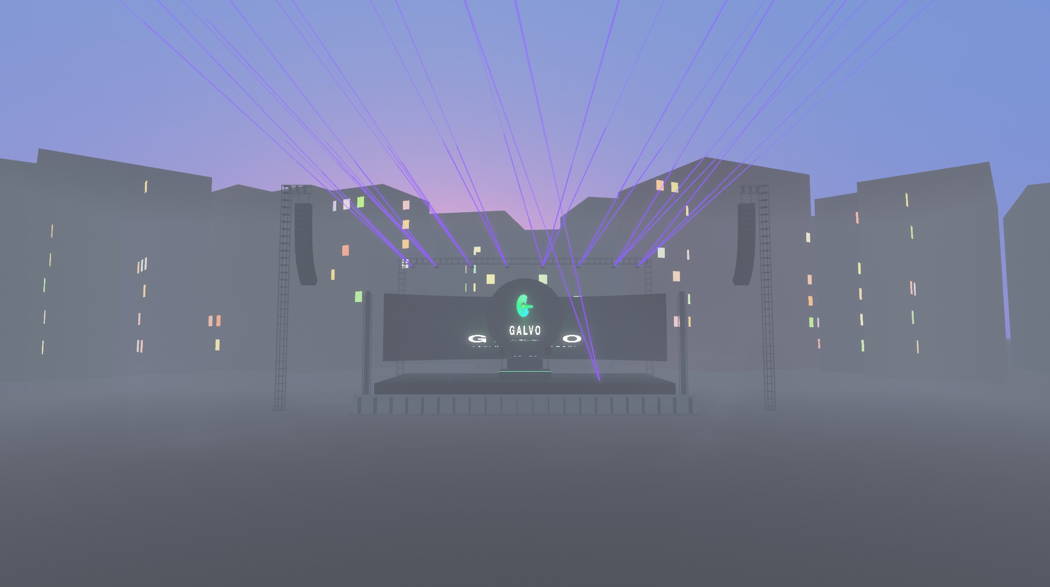 Laser beams above a stage in a city square at blue hour, rendered in GALVO
