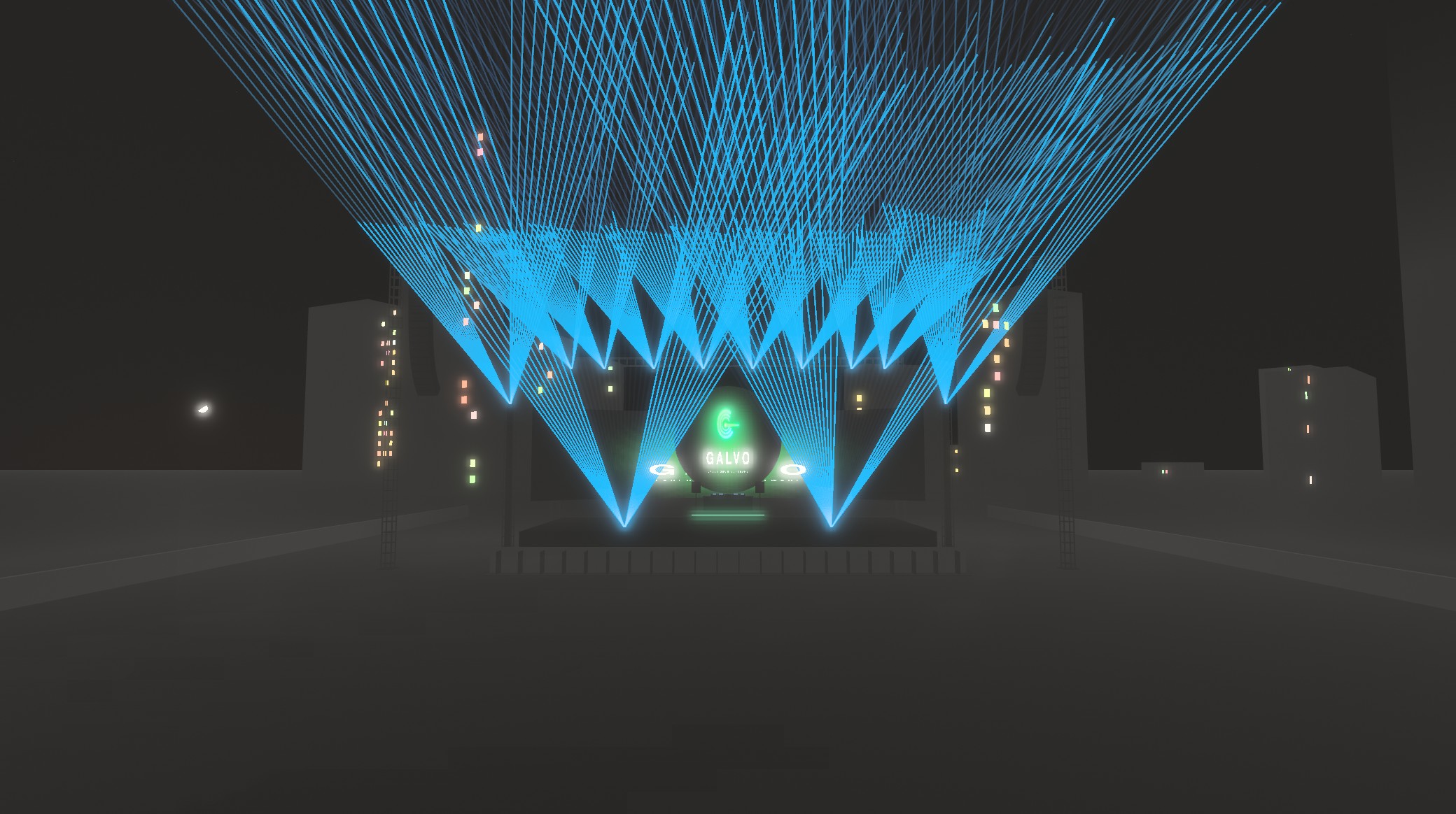A liquid sky laser sheet over a rooftop stage at night, rendered in GALVO