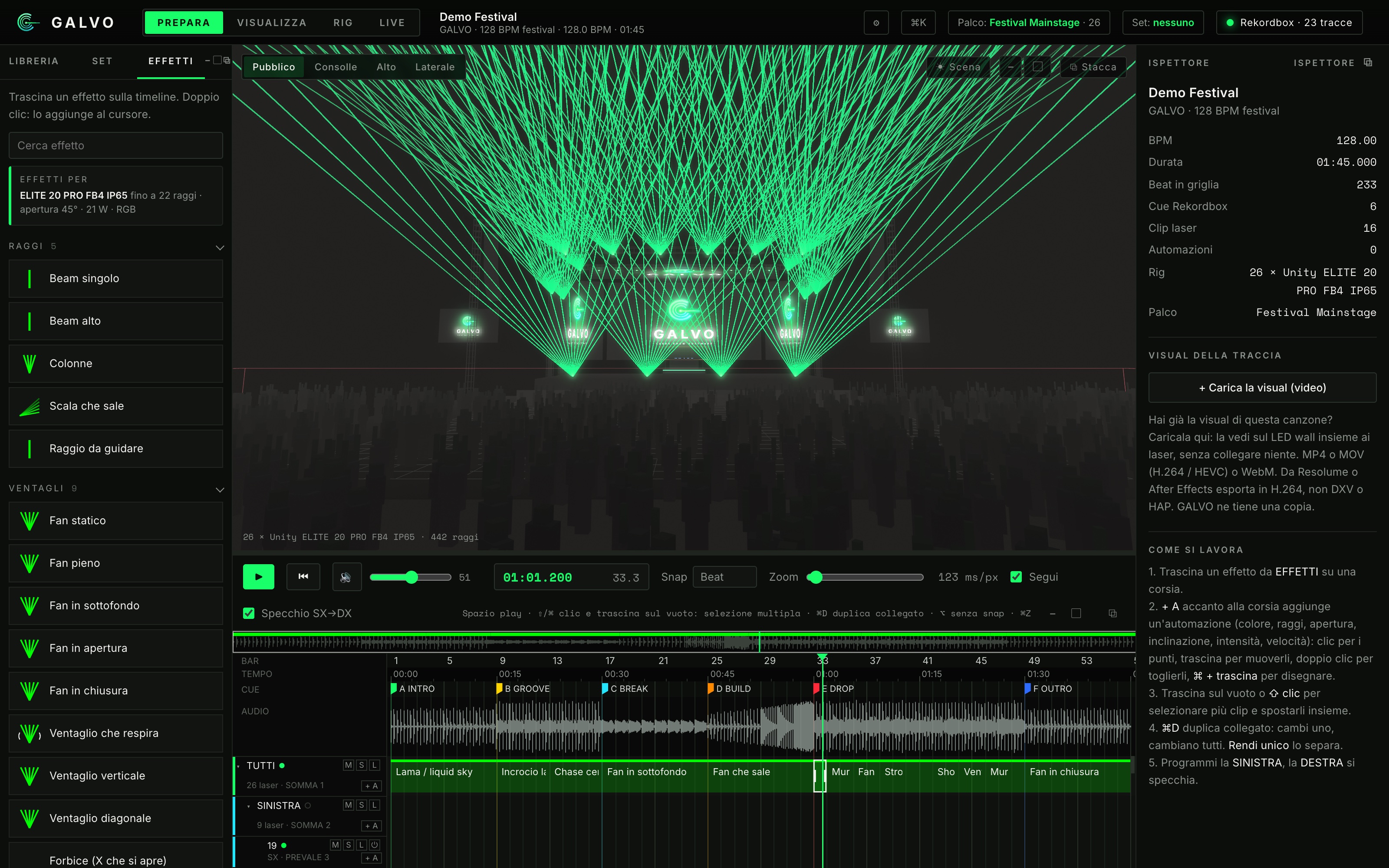 The GALVO interface: a beat-locked timeline, individual laser lanes, 3D stage preview and effect inspector