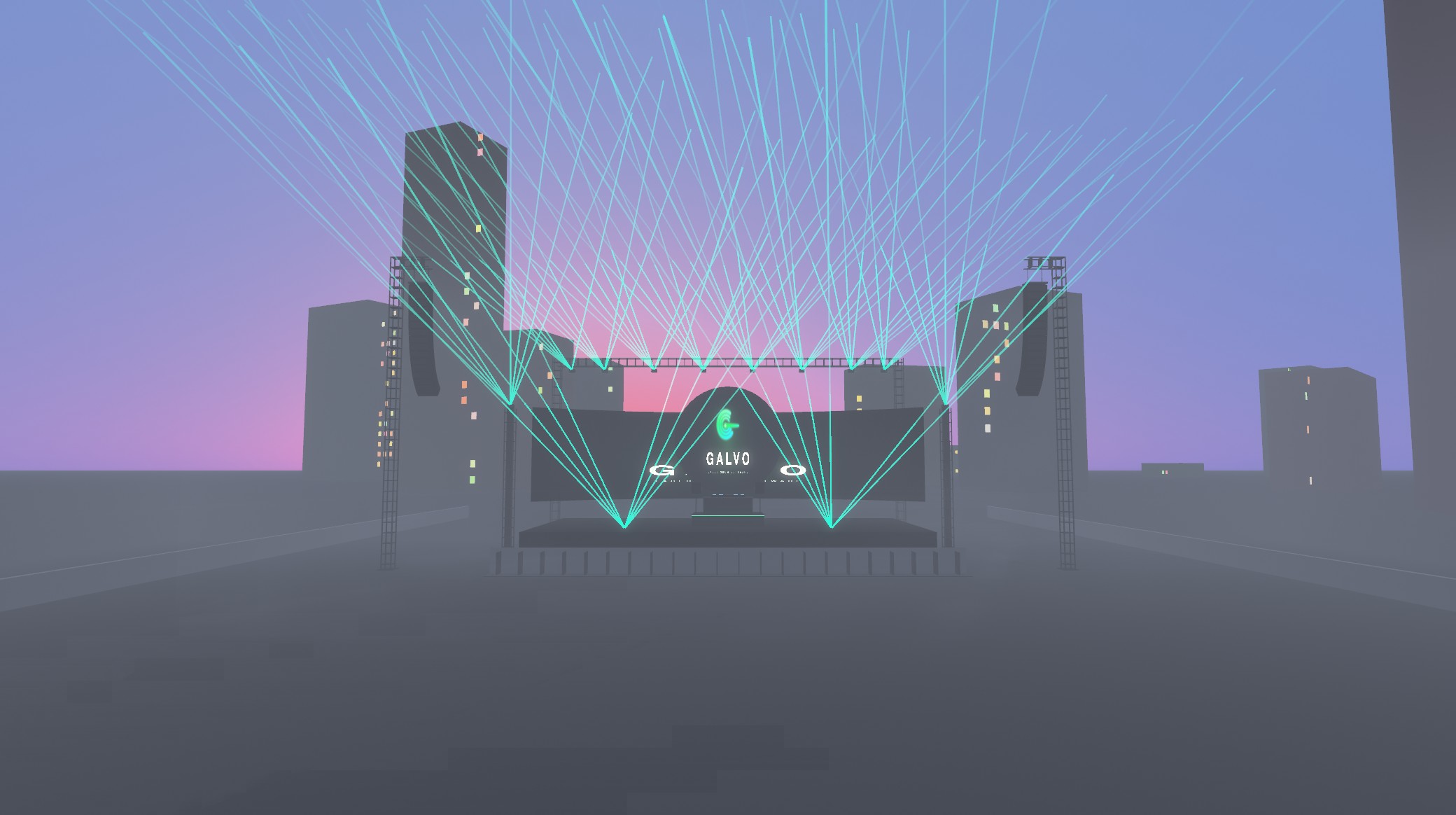 Full fan effect from 12 lasers on a rooftop stage at blue hour, rendered in GALVO