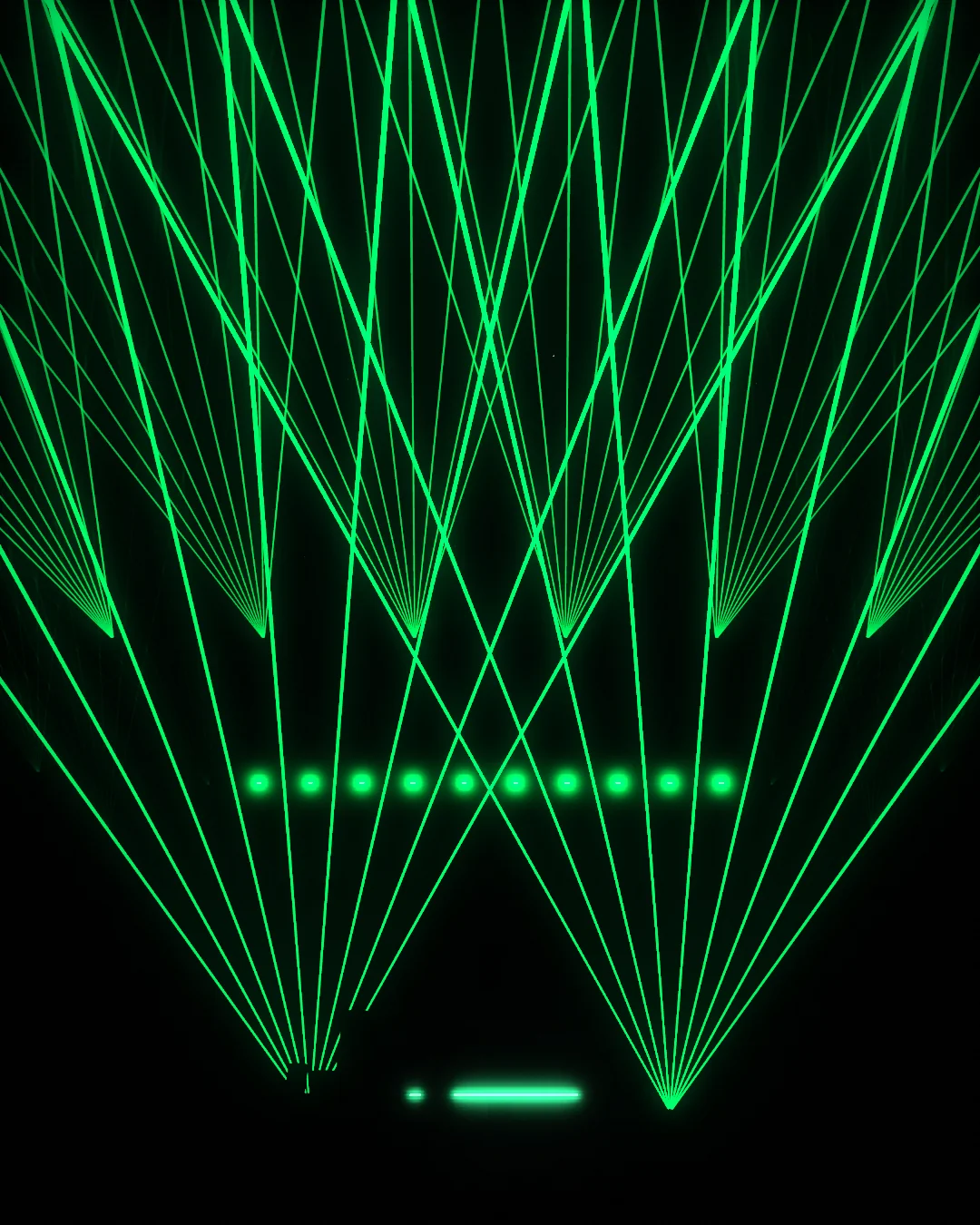 Green laser beams over a festival stage in GALVO’s physical 3D preview